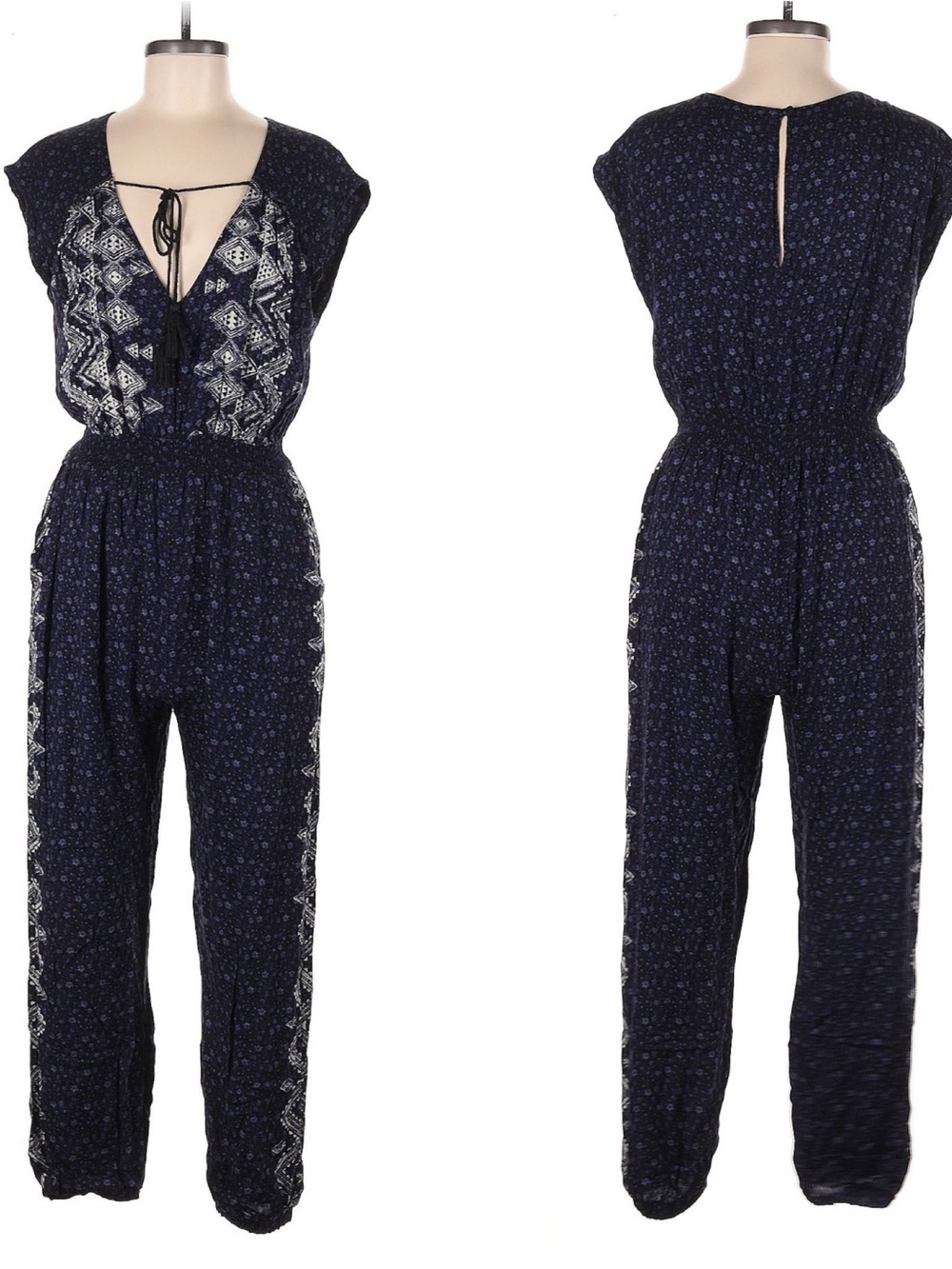 Boho Navy Printed Tie-Front Jumpsuit